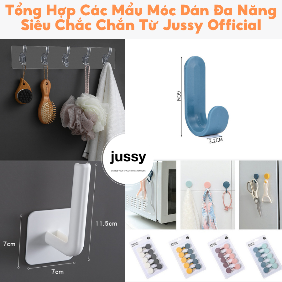 Móc Dán Tường Jussy Thanh 6 Móc Treo Đồ Dán Tường Nhà Tắm Nhà Bếp Siêu Dính Siêu Chịu Lực Chống Thấm Nước