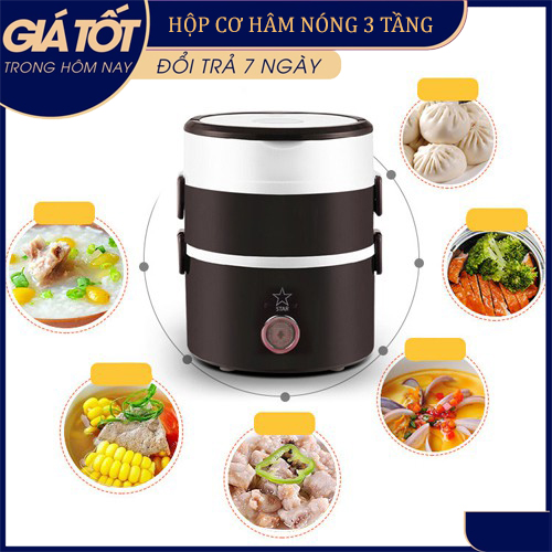 Hộp cơm hâm nóng cắm điện 3 tầng inox - Hộp cơm cắm điện 3 tầng - Hộp đựng cơm trưa văn phòng - Hộp cơm 3 tầng hâm nóng - Càmen cắm điện văn phòng(Đen phối trắng)