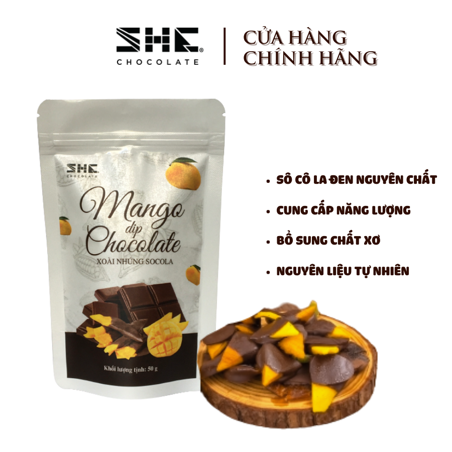 Xoài nhúng Socola - vị Xoài và Socola - SHE Chocolate - Trái cây nhúng - 50g-Xoài sấy dẻo giữ nguyên dưỡng chất kết hợp cùng Socola đen đem lại hương vị hòa quyện thơm ngon, bổ dưỡng. Thích hợp ăn vặt hoặc làm quà tặng đặc biệt