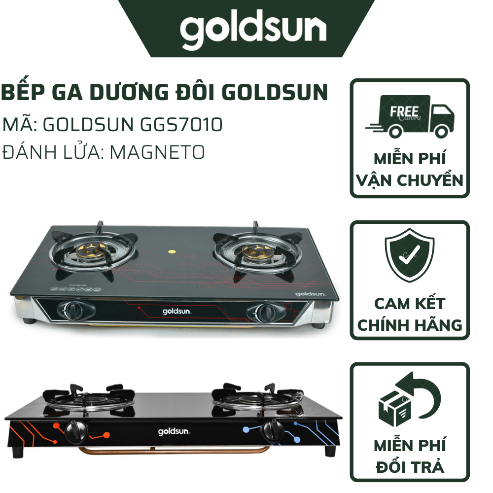Bếp Gas dương cao cấp Goldsun GGS7010 Việt Nam - Bếp Ga đôi mặt kính cường lực chắc chắn - Bảo hành 12 tháng