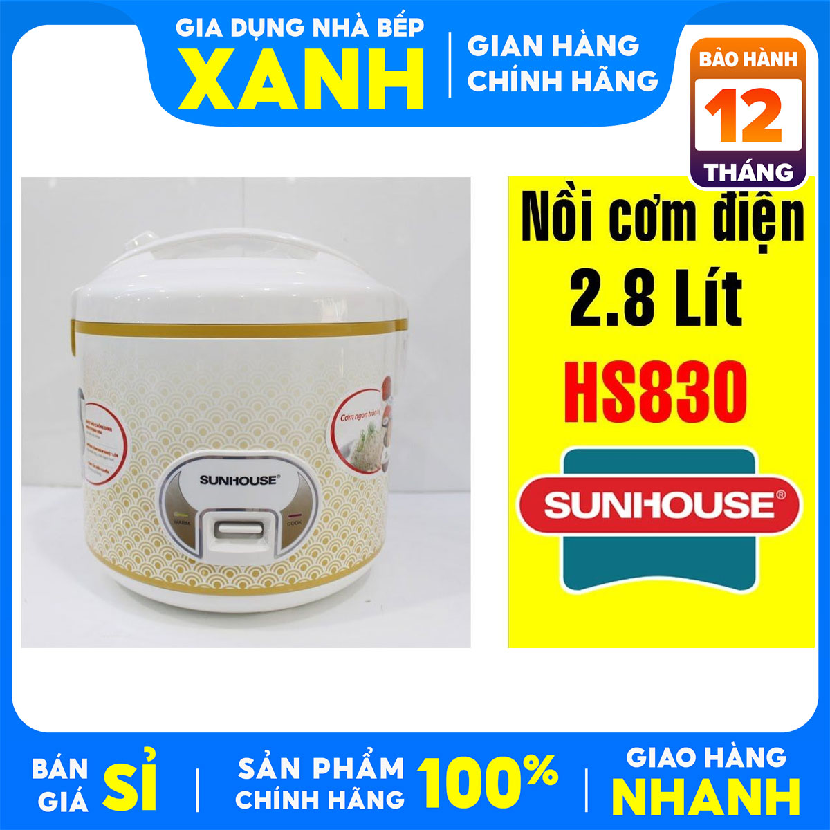 Nồi cơm điện Sunhouse 2.8 lít SH 830-Hàng trưng bày-2.8 lít, Số người ăn Trên 6 người -Lòng nồi dày:1.3 mm phủ chống dính Whitford