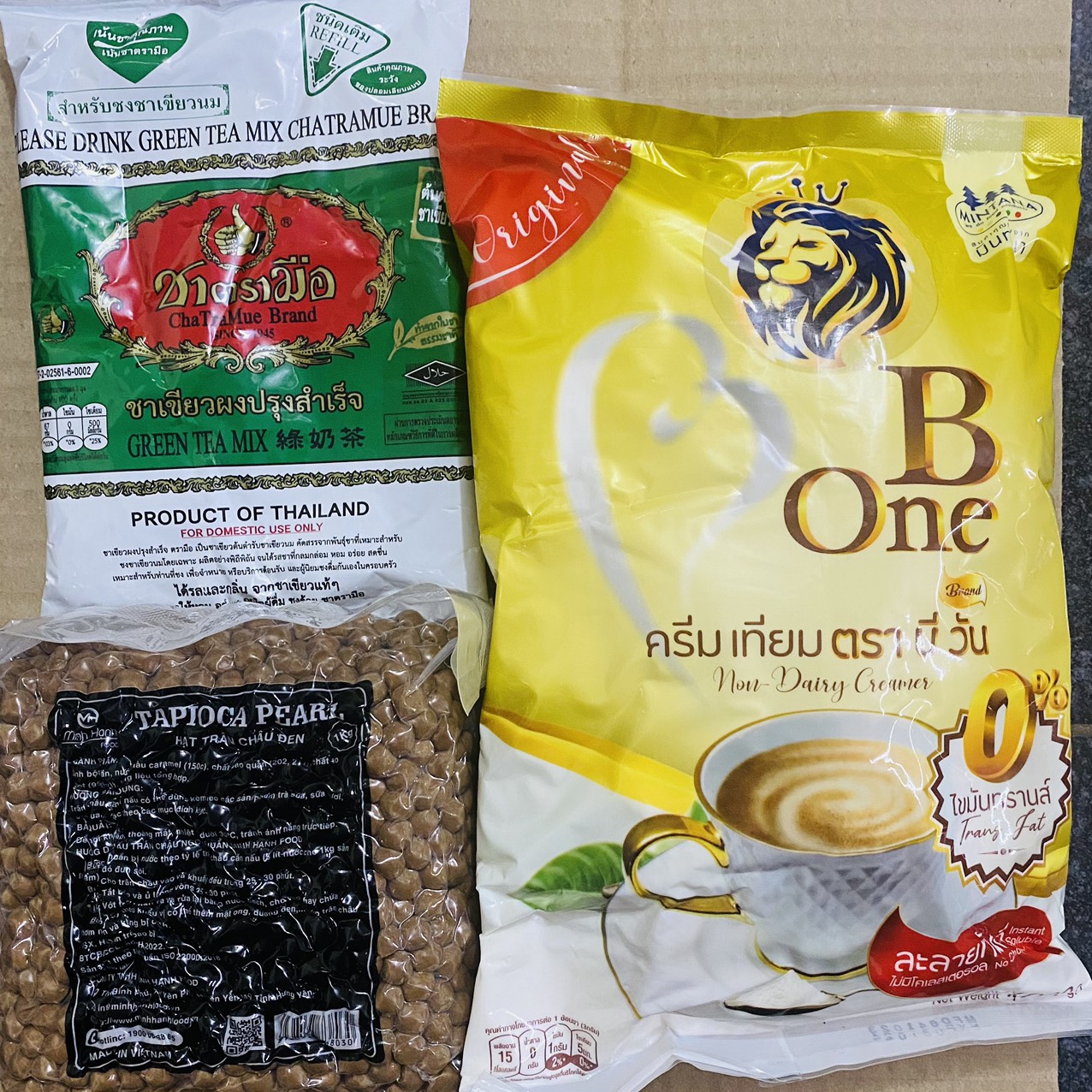 (20 đến 40 lít) combo trà sữa thái xanh ,trân châu đen 1kg+trà thái xanh 200g+bột kem béo b one.nguyên liệu pha trà sữa