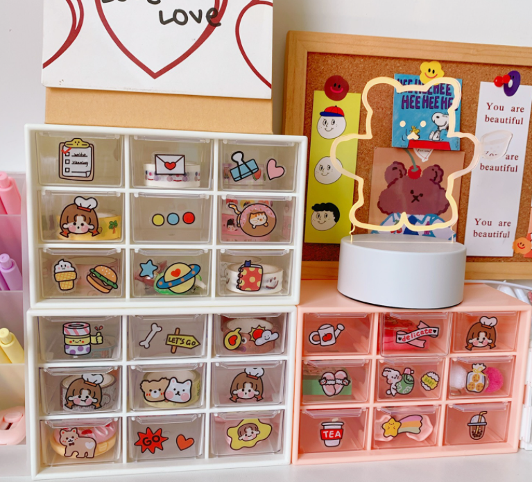 Hộp/ Tủ 9 ngăn kéo mini - trang trí góc học tập - lưu trữ đồ dùng - ngăn bụi + Tặng kèm Sticker dán ngẫu nhiên