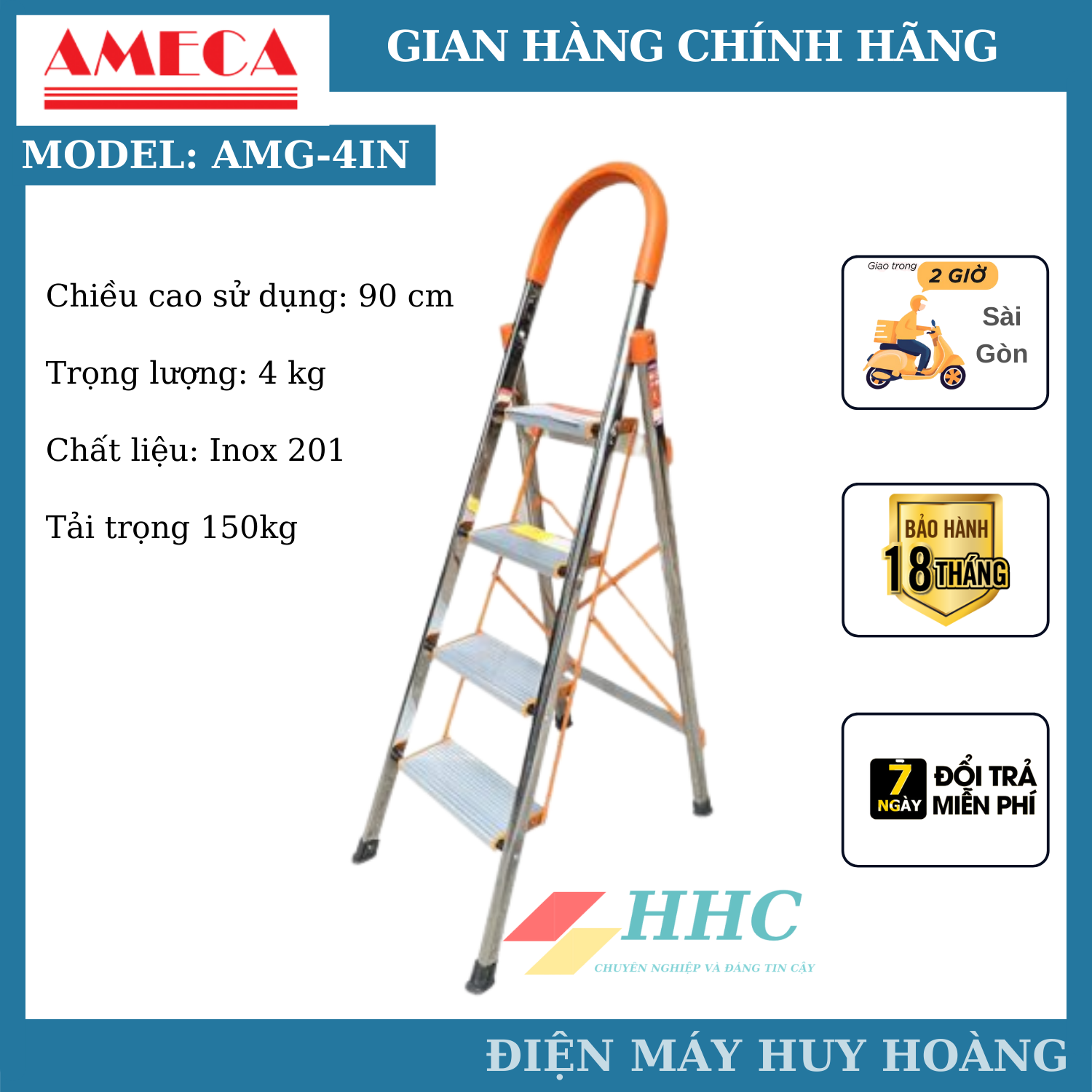 Thang nhôm, thang ghế inox tay vịn 4 bậc Ameca AMG-4IN