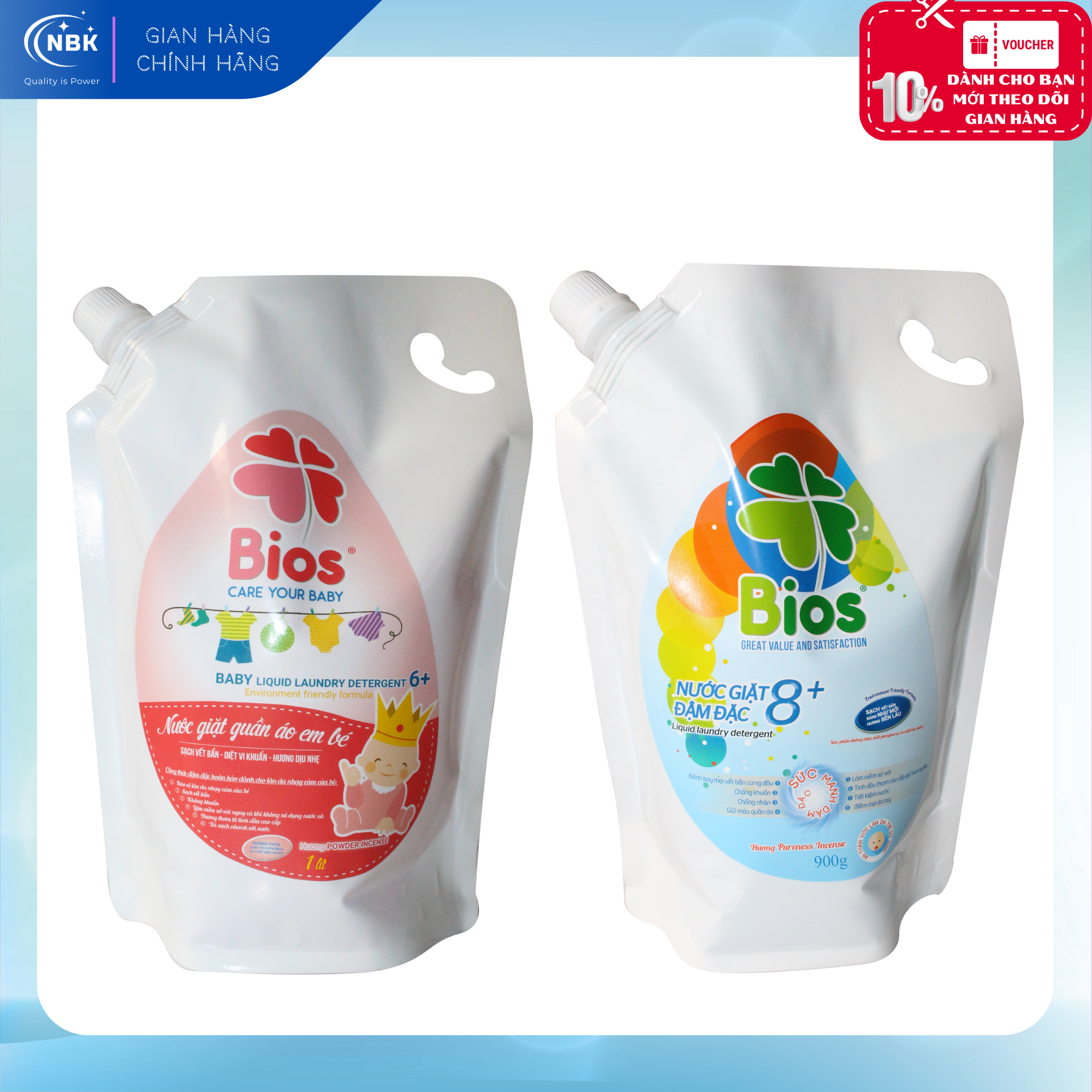 Bộ 02 túi nước giặt bios : nước giặt quần áo siêu sạch, thơm lâu, mềm vải, giữ màu bios đậm đặc 8+ hương pureness incense 900g và nước giặt đồ em bé siêu dịu nhẹ dành cho da nhạy cảm hương powder incense 1 lít