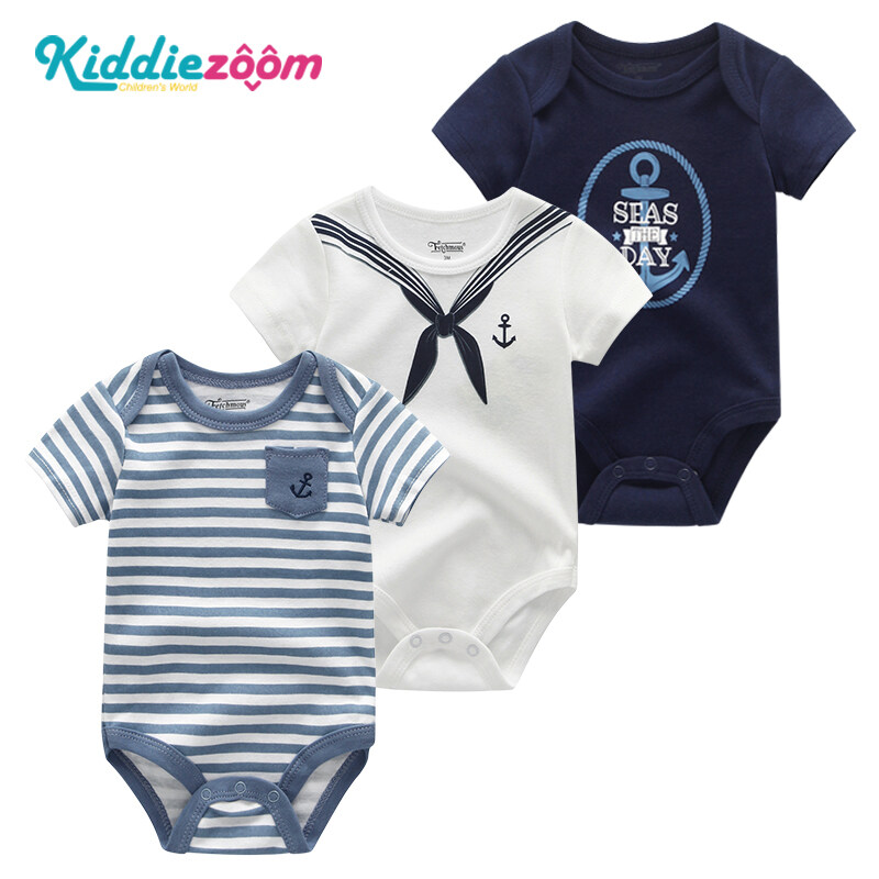 Kiddiezoom 3 pieces baby romper for newborn cute clothes Newborn Baby Kids Short Sleeve Clothes Onesies Navy sailor style Pure Cotton Bodysuits
