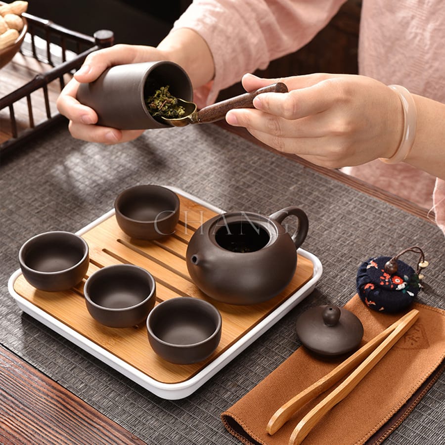 Bộ ấm chén uống trà tử sa, bộ ấm chén trà đạo sứ thanh kèm khay