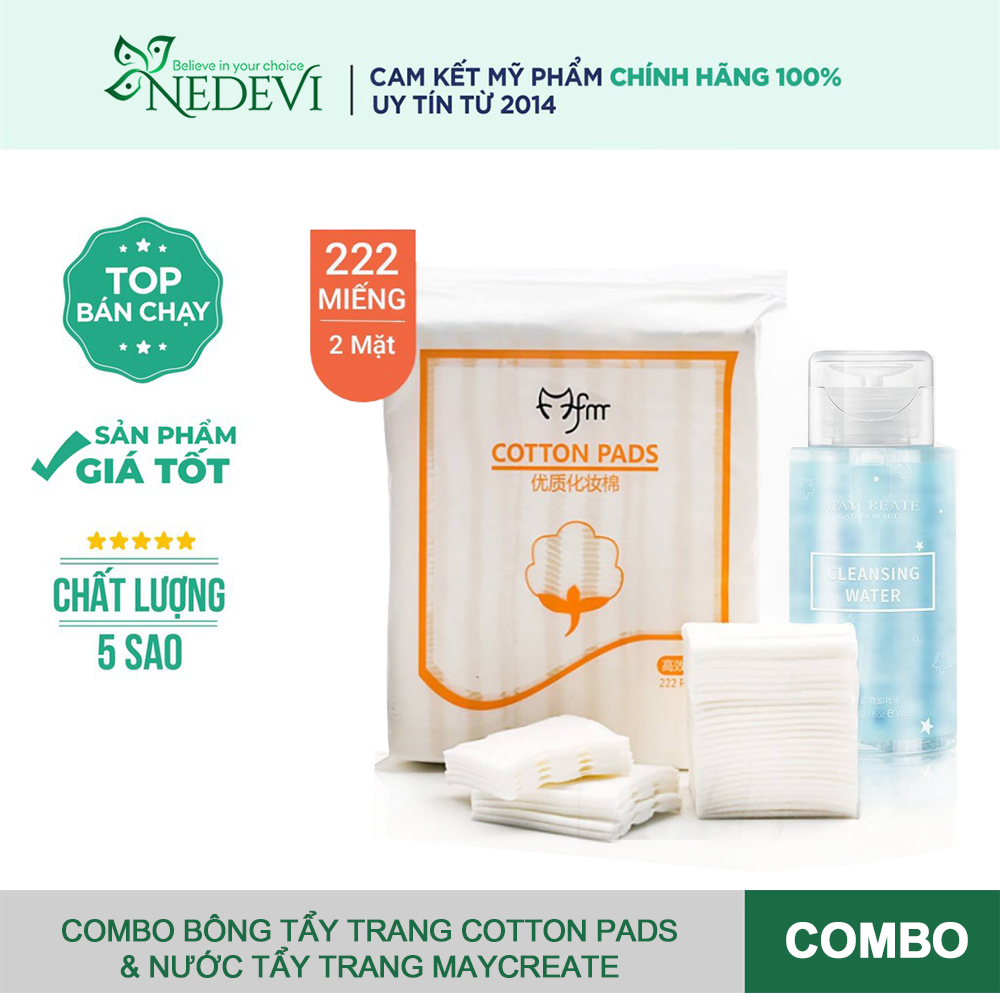 Combo nước tẩy trang và bông tẩy trang: Nước tẩy trang Maycreate suối khoáng nóng 300ml, bông tẩy trang 222 miếng pasd siêu dai, dày, mịn, không sơ bông
