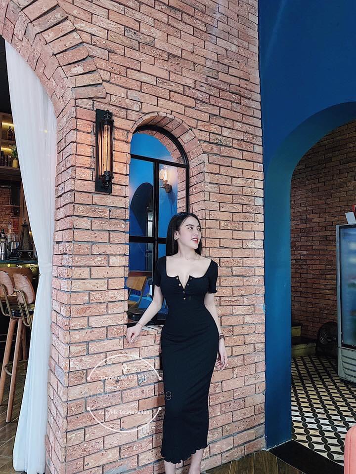 Đầm body nữ váy body cổ vuông tay ngắn phối cúc ngực sexy hàng thiết kế