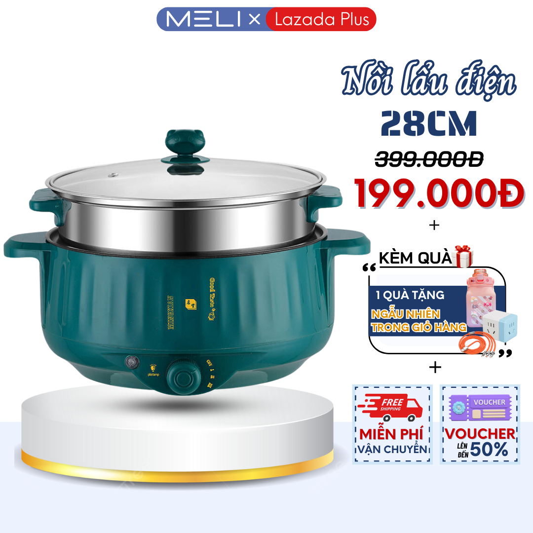 Nồi Lẩu Điện Size 28cm 3 Nấc Nhiệt Kèm Giá Hấp, Công Năng Nấu Hấp Xào Chiên Đa Dạng, Chất Liệu Cao Cấp Chống Dính Chống Han Gỉ, Nhựa ABS Bền Đẹp Chống Nhiệt, Hàng Cao Cấp Chính Hãng, Lỗi 1 Đổi 1