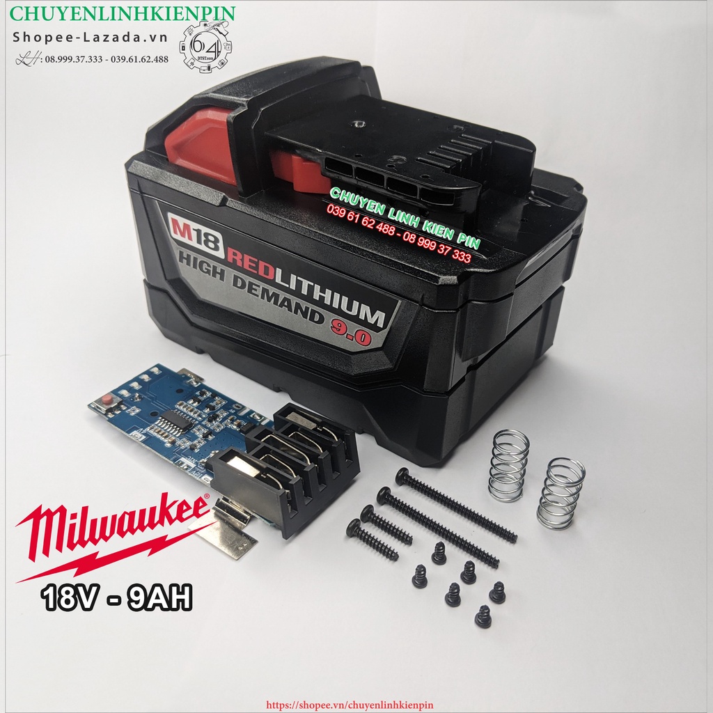 Vỏ mạch thay thế pin Milwaukee 18V 9Ah lắp 15 cell 18650, mạch nhận sạc zin ( BL64_288 )