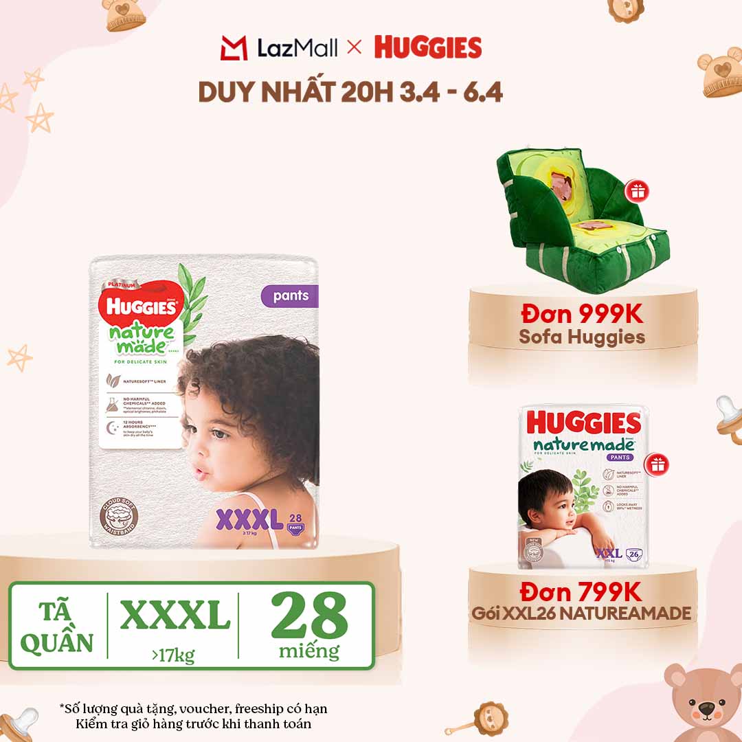 [CHỈ 20h 04-07.05 QUÀ TẶNG ĐƠN 399K](Mua 1 tặng 1) Tã quần Huggies Naturemade size XXXL gói 28 miếng