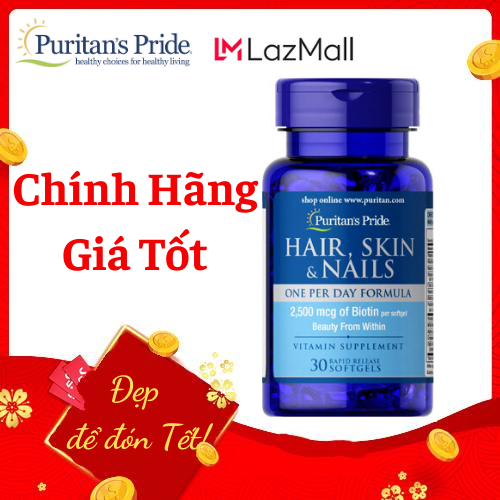 Giảm mụn trứng cá, giảm nhờn cho da dầu và mụn date  03/2024 giúp mọc tóc, đẹp da Puritan's Pride Hair, Skin & Nails 30 viên