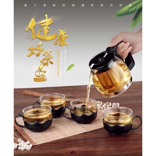 Bộ ấm pha trà - ấm trà thủy tinh - kèm 4 ly) ấm pha trà, ấm pha trà thủy tinh, bộ bình lọc trà thủy tinh kèm 4 ly lưới lọc inox 304 tiện dụng - hàng chuẩn, uy tín 1 đổi