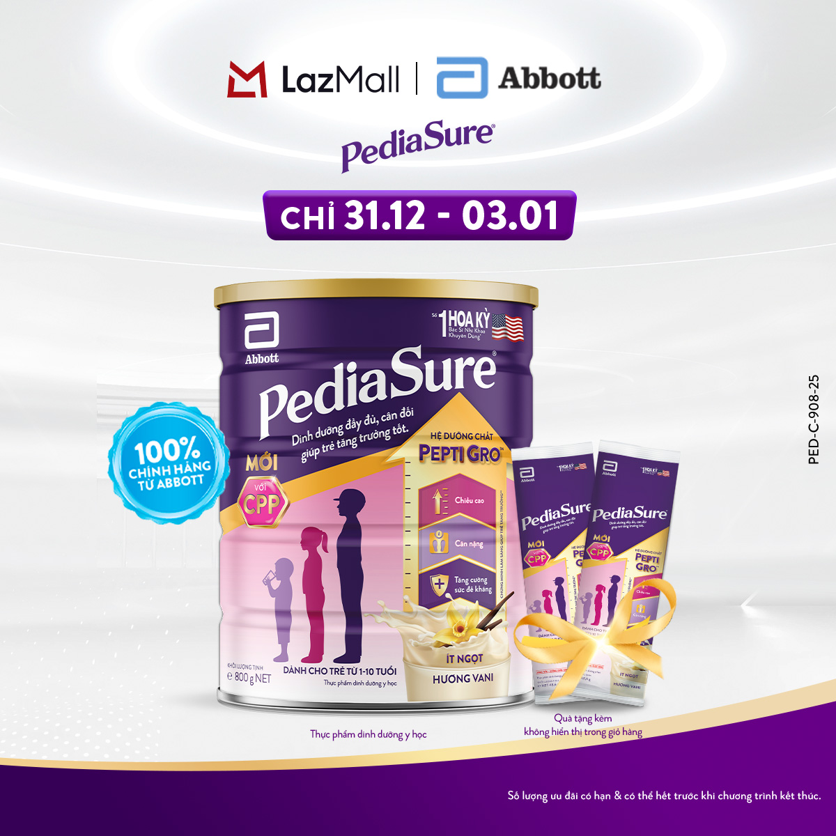   CHỈ 31.12 - 03.01 GIÁ TỐT MUA NGAY-SLCH  Lon Sữa Bột Pediasure B A Hương Vani 800g + Tặng 2 Gói Sachet Pediasure 