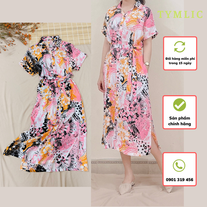 Đầm sơ mi linen tưng họa tiết cam hồng tymlic