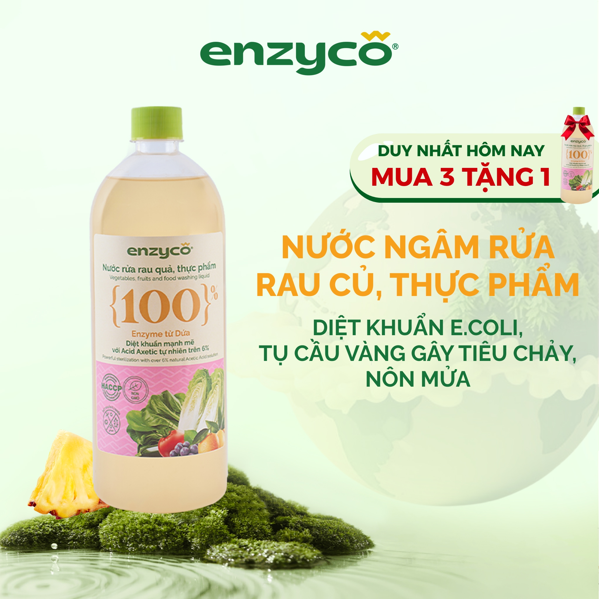 Nước ngâm rửa rau củ quả sinh học Enzyco - 100% Enzyme Dứa, Acid Hữu Cơ > 6%,Loại Bỏ E.coli, Tụ Cầu Vàng Gây Tiêu Chảy, Nôn Mửa, Khử Mùi Thịt Cá