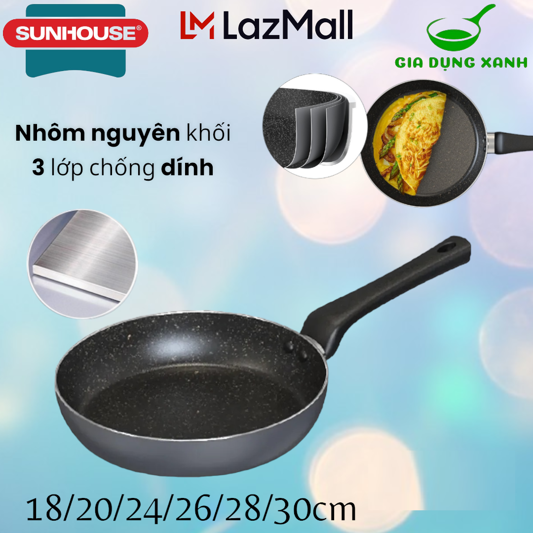 Chảo chống dính vân đá sunhouse kích thước 18-30cm không dùng bếp từ