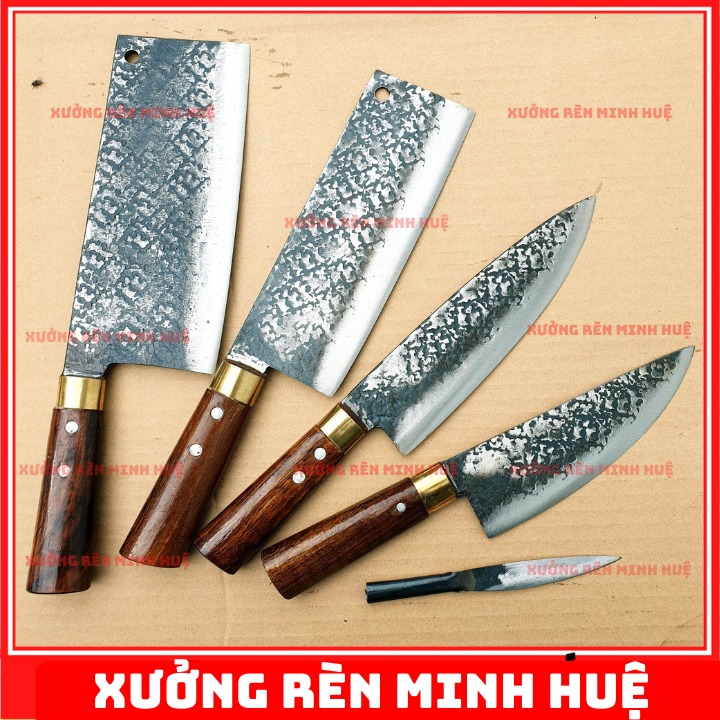 Bộ 2 dao bếp chặt và thái thép nhíp ô tô hàng rèn thủ công cao cấp