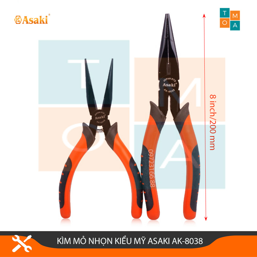 Kìm mỏ nhọn kiểu mỹ asaki ak-8038 8 inch/200 mm, sản phẩm chính hãng
