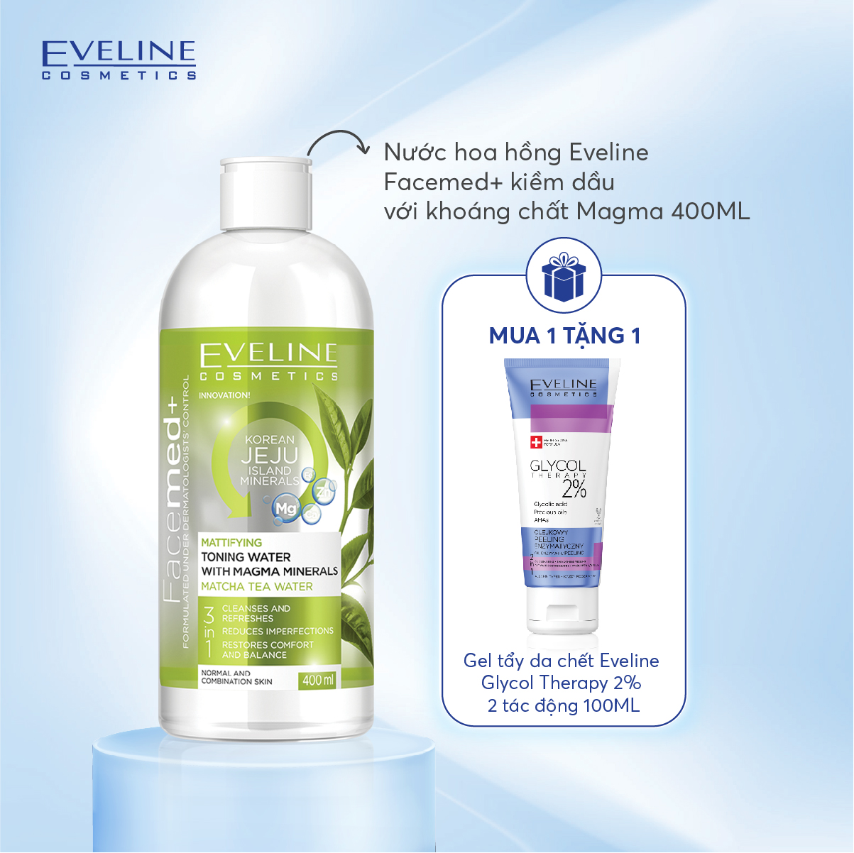 Nước hoa hồng Eveline Facemed+ kiềm dầu với khoáng chất Magma 400ML