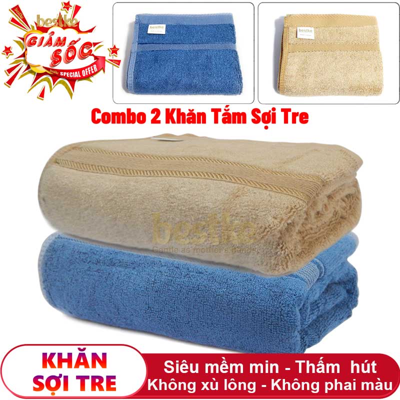 Giảm sốc 2 khăn tắm sợi tre cao cấp , 120x60cm = 320g/cái, màu xanh và nâu, khăn đẹp