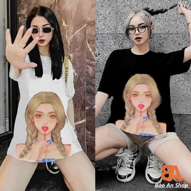 Áo from rỗng in 3D bao chất, áo thun nữ phông rộng in hình cute