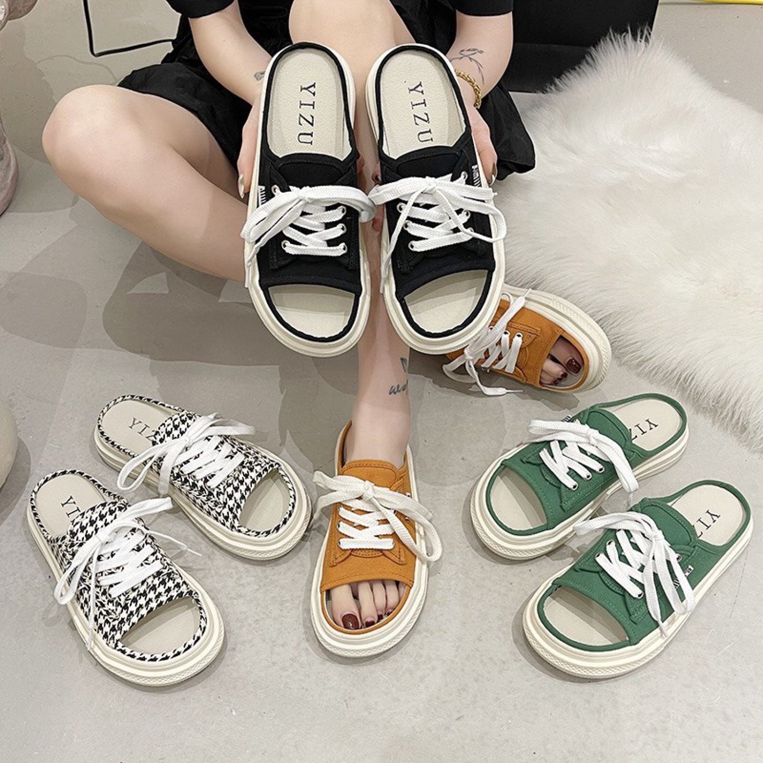 Dép nữ quai ngang sục nữ hở mũi JP0721 - giày đạp gót mũi thủng - Quai canvas cute