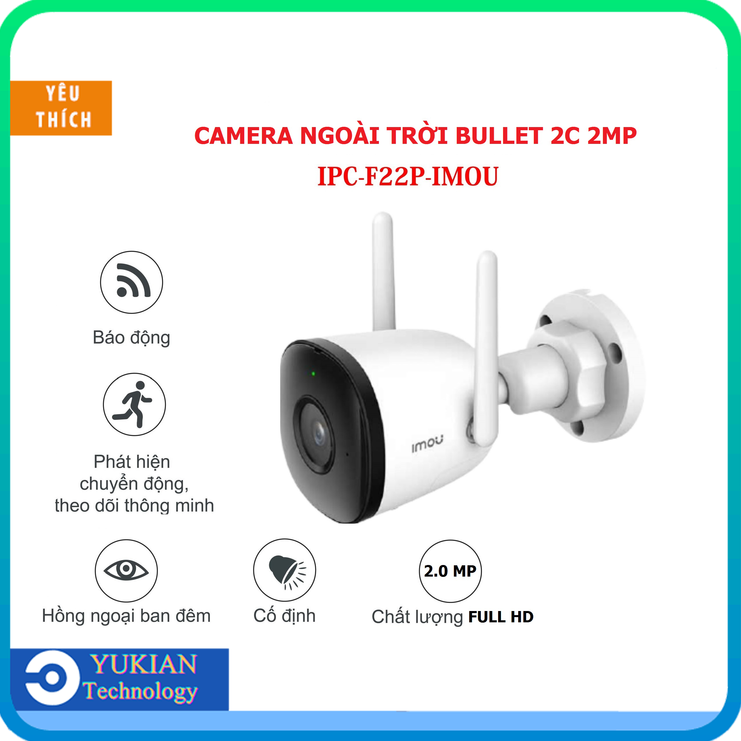 Camera Không Dây Wifi  IMOU F22P Bullet 2C 2.0MP FHD - Camera Ngoài Trời Hồng Ngoại tích hợp Mic thu âm, anten kép