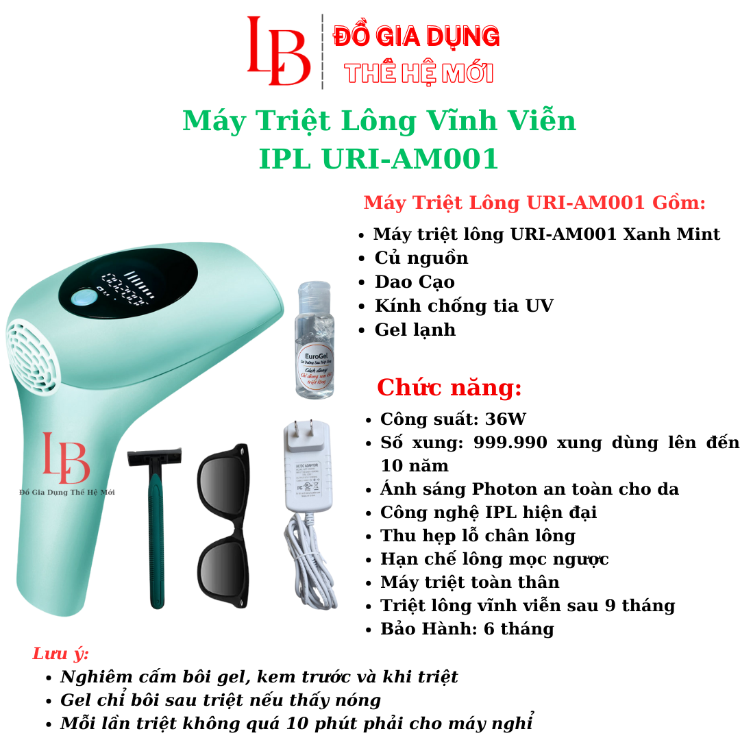 Máy triệt lông vĩnh viễn IPL URI-AM001 công nghệ triệt PlAS, Máy triệt lông toàn thân Bảo Hành 12 tháng
