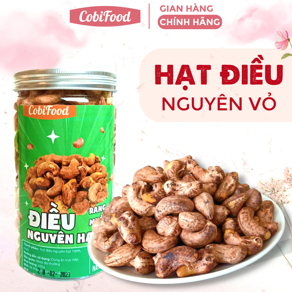 Hạt điều vỏ lụa Bình Phước rang muối nguyên hạt Cobi Food hộp 500g loại 1 size to thơm ngon, béo ngậy, bùi ngọt