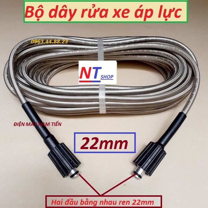 Dây rửa xe cao áp, dây cao áp máy rửa xe 10-15-20m, dây áp lực cao ren trong 22mm, 2 đầu bằng nhau, day rua xe