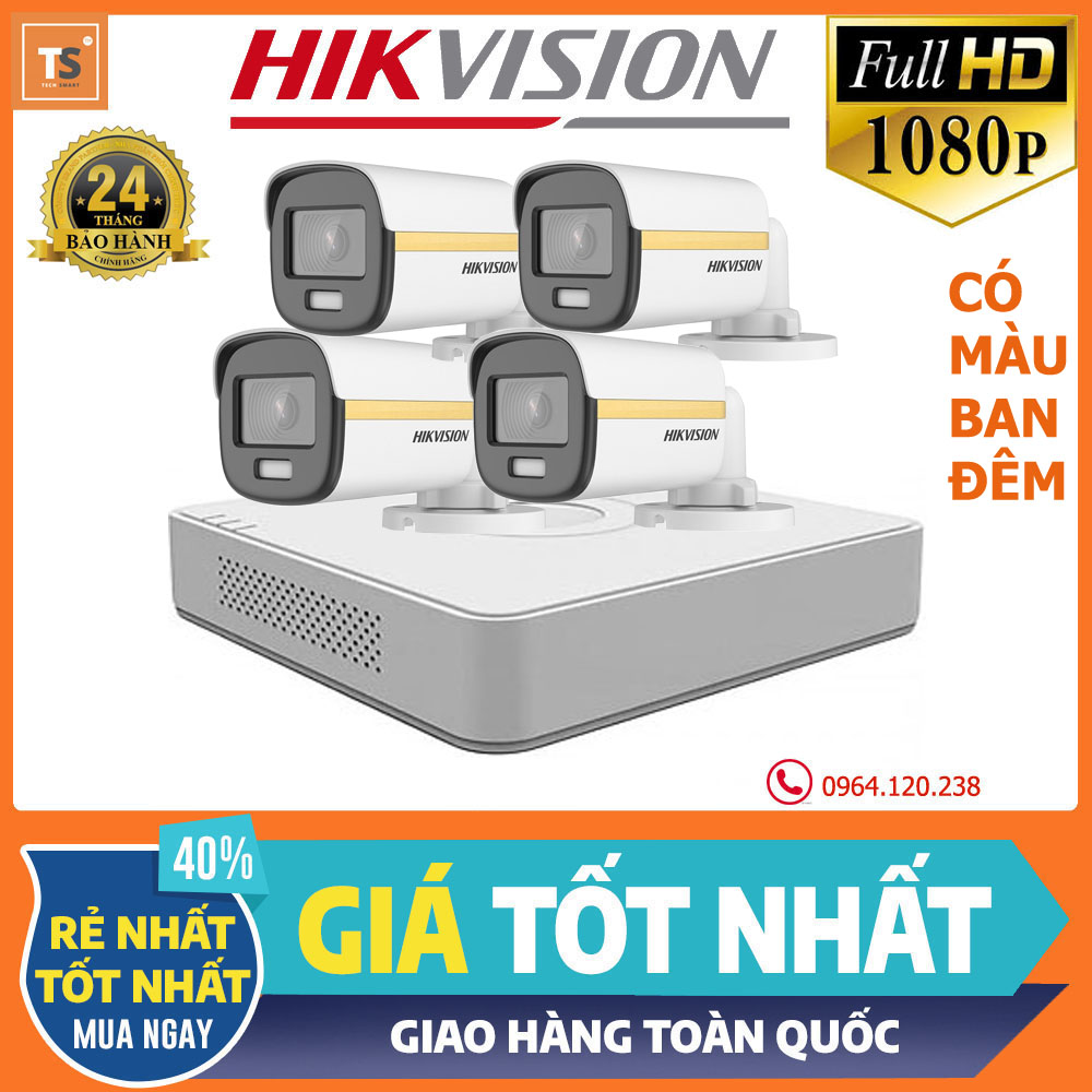 Bộ Camera Quan Sát Có Màu Ban Đêm Hikvision 4 Kênh Full HD 1080P - Trọn Bộ 4 Camera An Ninh Hikvision Quay Có Màu Ban Đêm Đầy Đủ Phụ Kiện Lắp Đặt