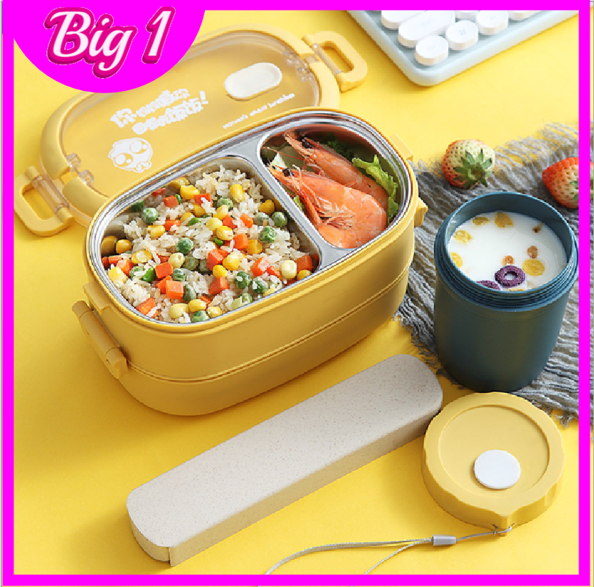 [TÚI+THÌA ĐŨA ] Hộp cơm inox 2 tầng chống tràn giữ nhiệt