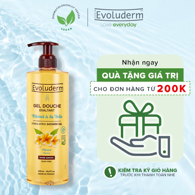 Gel tắm Evoluderm chiết xuất Hoa Monoi từ Tahiti Gel Douche Exaltant Monoï À La Folie 500ml