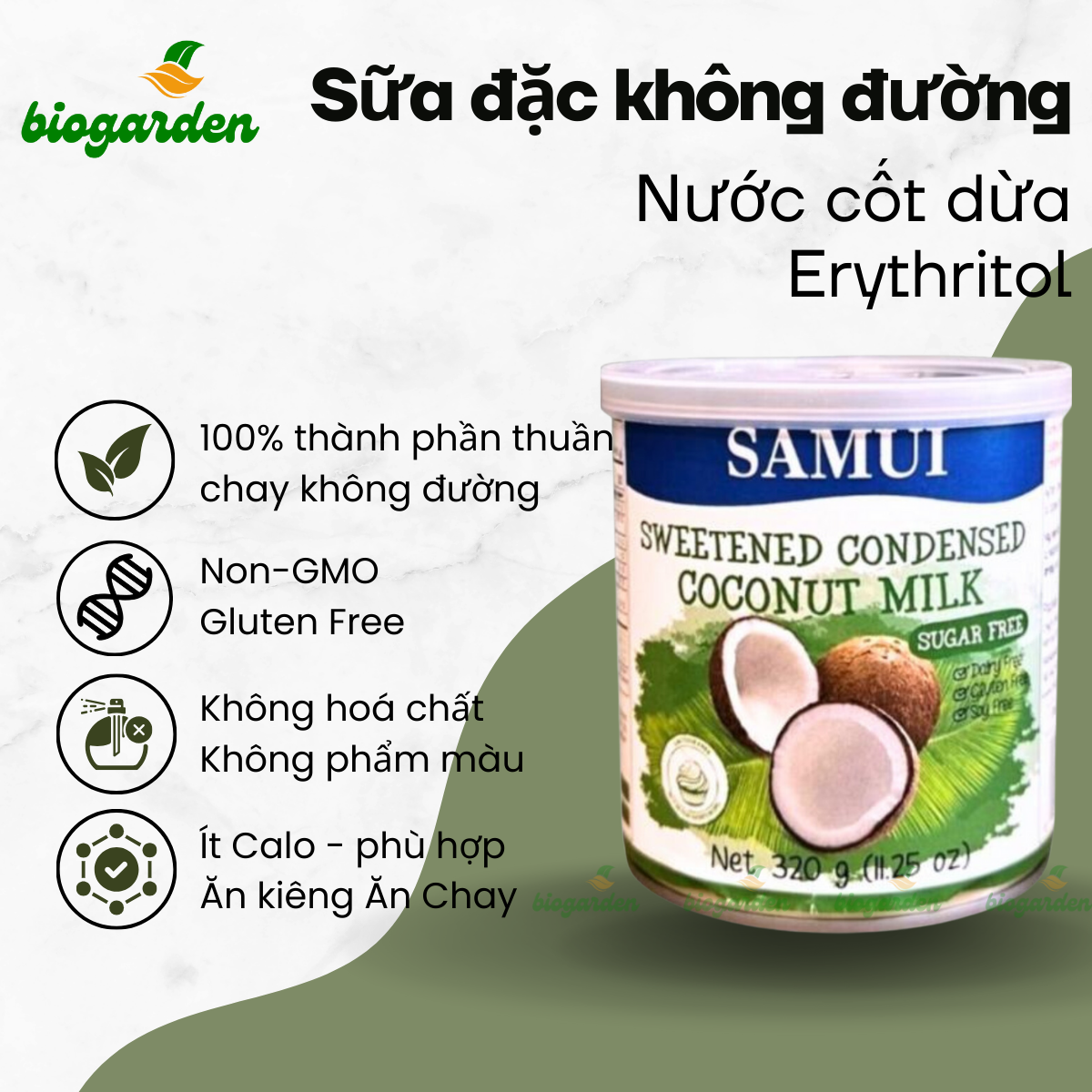  Sữa đặc thuần chay không đường từ dừa SAMUI 320gr coconut milk Sugar free - Ăn kiêng - Ăn thực dưỡng - Bio Garden 