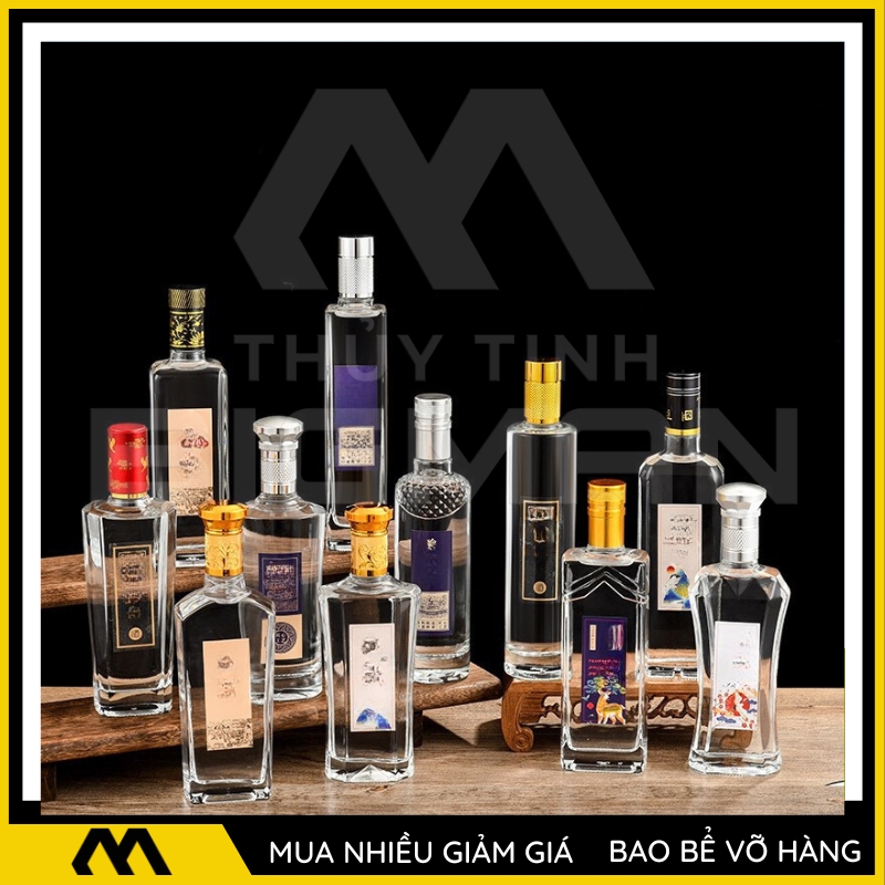 Các mẫu chai thủy tinh đựng rượu mới nhất 2024 vỏ chai rượu thủy tinh dung tích 500ml 750ml dùng trang trí quầy bar tủ rượu cực đẹp - Bigmanstore