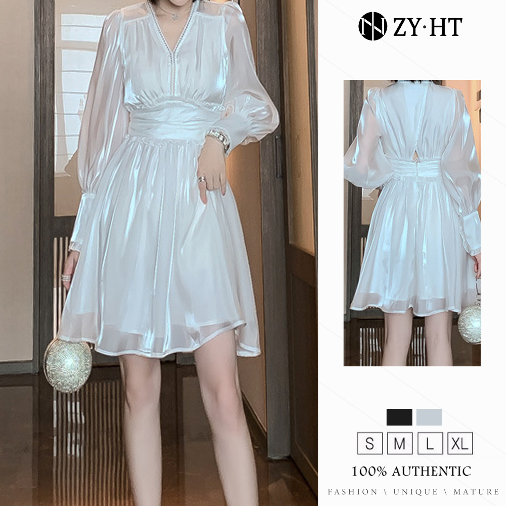 ZYHT eravogue váy babydoll trắng đầm dự tiệc váy dự tiệc đám cưới sang chảnh Cổ chữ V Tay áo lồng đèn váy dạ hội đen 3502