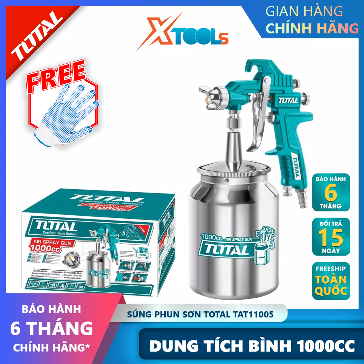 Súng phun sơn Total TAT11005 1000cc Máy phun sơn cầm tay Đầu vòi 1.5mm Áp lực: 3-4bar Mức tiêu thụ 4.2-7.1cfm Bề rộng lớp sơn 140-180mm