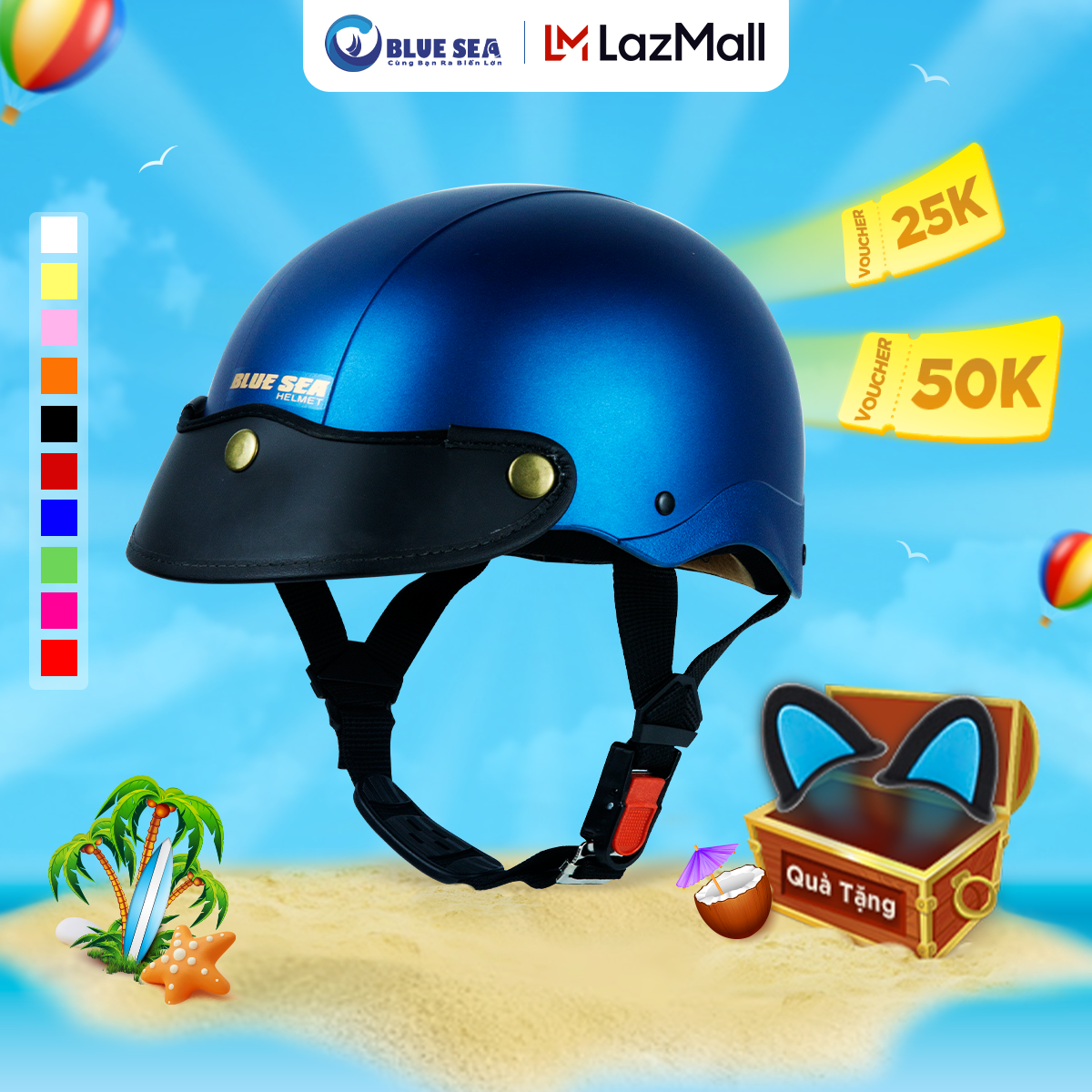 Mũ bảo hiểm 1/2 đầu, Mũ bảo hiểm nửa đầu BLUE SEA - A104 - Màu sơn Mờ Cao cấp  - FreeSize - Chính hãng