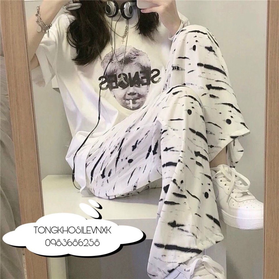 Set áo thun senses + quần loang vằn unisex 🍍 bộ đồ nữ quần cullote loang mix áo phông tay lỡ in hình