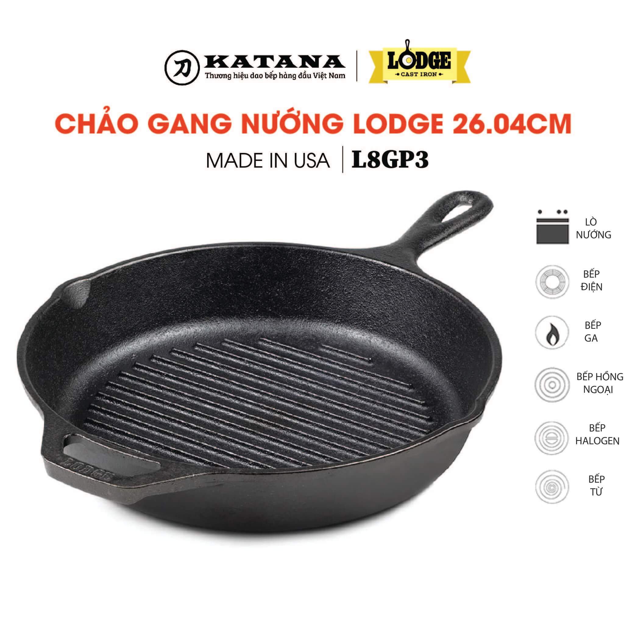 Chảo gang nướng Lodge 26.04cm - Chảo bít tết không dính nhập khẩu từ Mỹ - Bảo hành chính hãng L8GP3
