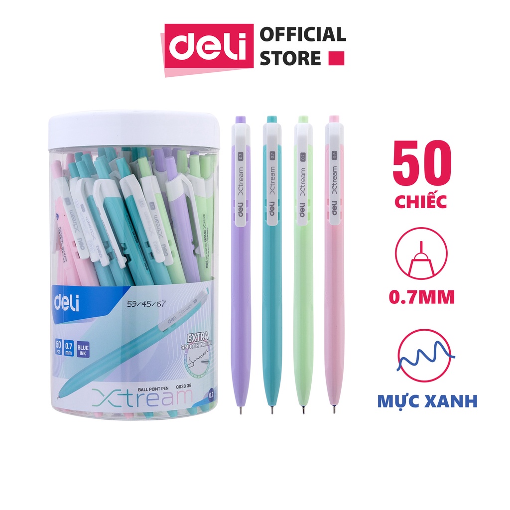 Hộp 50 chiếc Bút bi xanh màu pastel Deli ngòi 0.7mm, bút bi nước bút gel mực xanh dạng bấm viết nét 