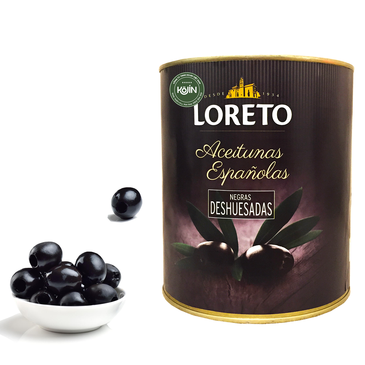 Oliu đen tách hạt 3kg kojin hàng cao cấp hàng nhập khẩu chính hãng nhãn hiệu loreto từ tây ban nha hộp thiếc