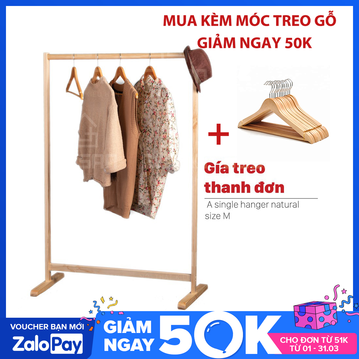 Giá Treo Quần Áo Gỗ Thanh Đơn 86x44x150cm, Giá Treo Quần Áo Lắp Ráp Thông Minh Kiểu Hàn Quốc Gỗ Thông Cao Cấp Chống Mối Mọt, Kệ Treo Quần Áo Gỗ Đơn Giản Phong Cách Hàn Quốc Cho shop thời trang - Vin House 86