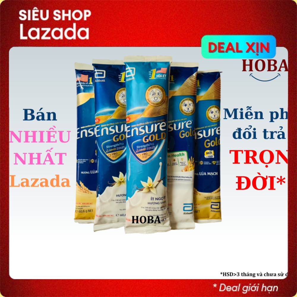 Sữa gói Ensure gold HMB 60g Vani ít ngọt Cà phê Hạnh Nhân (ăn chay) Lúa mạch