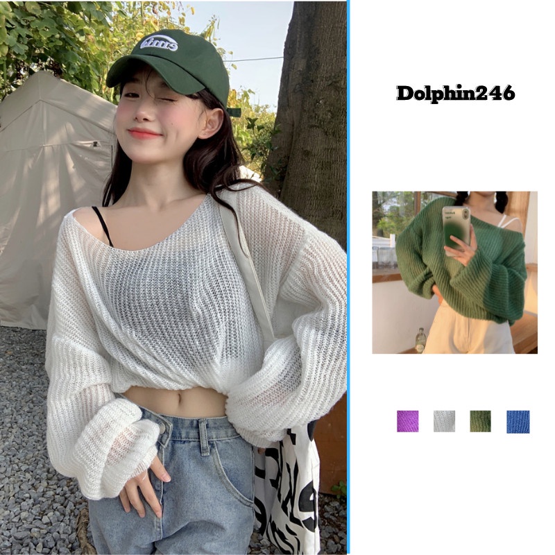 Áo sweater dệt kim tay dài len nữ trễ vai trong suốt 5 màu dễ thương dáng rộng phong cách Hàn Quốc G-1