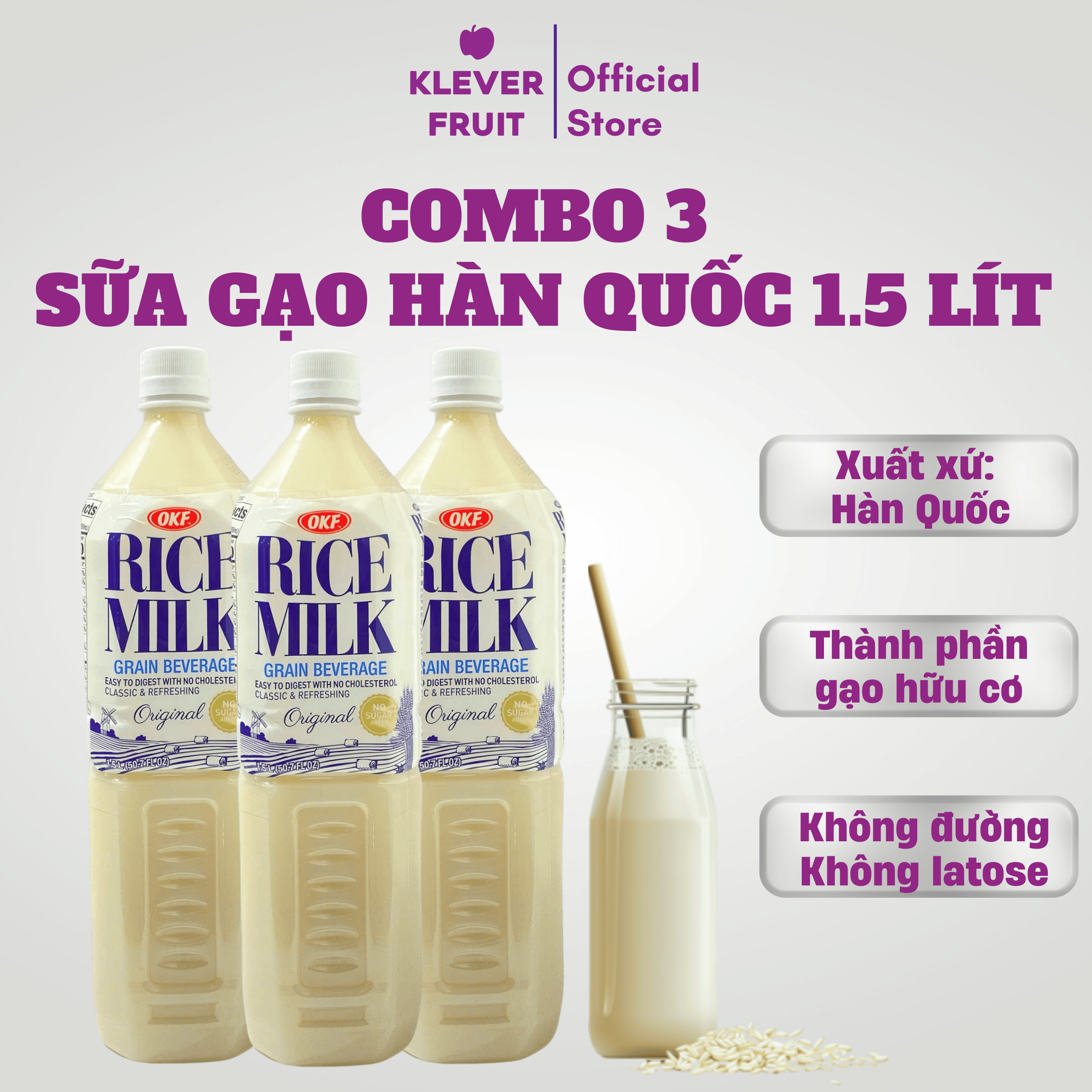 Combo 3 Sữa Gạo Hữu Cơ Hàn Quốc OKF No Surgar 1.5L