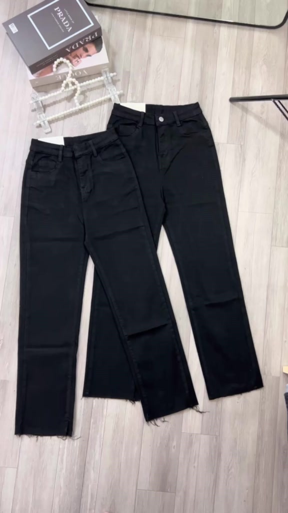 Quần jean ống đứng đen gấu thường cici, quần bò đen ống đứng lưng cao cạp 1 khuy - cici jeans