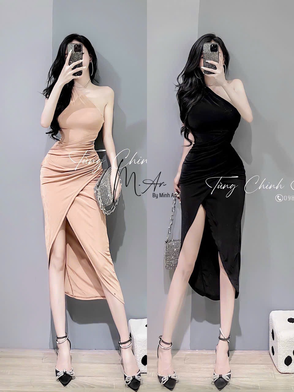 Đầm nữ lệch vai đắp chéo sẻ tà cao cực sang ba